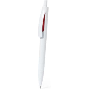 A white plastic pen with a red clip. The pen features a logo on the barrel.