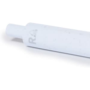 A white plastic pen with a round shape and a subtle logo. The surface features a speckled texture.