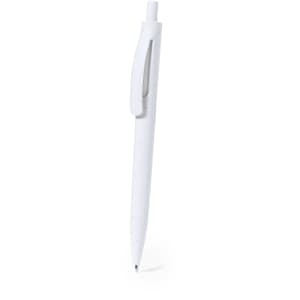 A white plastic pen with a clip and a smooth finish, featuring a logo on its side.