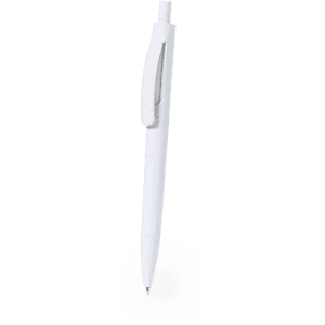 A white plastic pen with a clip and a smooth barrel design. It features a logo on the side.