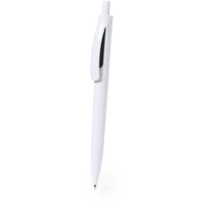 A white plastic pen with a simple design and a clip, featuring a logo on its body.