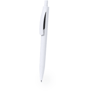 A white plastic pen with a sleek design and a clip, featuring a simple logo.