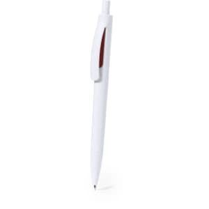 A plastic pen in white with a red clip, featuring a logo on its body.