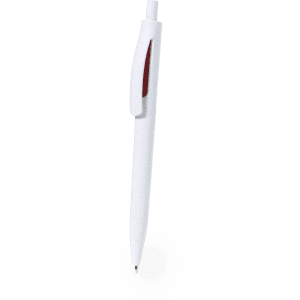 A white plastic pen with a red grip and a clip, featuring a branding logo.