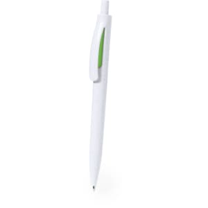 A white plastic pen with a green accent. The pen features a clip and has a logo.