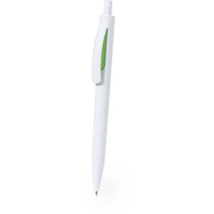 A white plastic pen with a green accent and a clip, featuring a logo on the side.