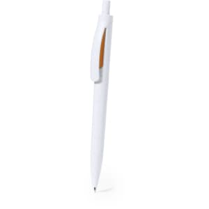A white plastic pen with an orange accent and a clip, featuring a logo.