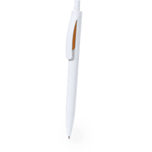 A white plastic pen with an orange accent and a clip. The pen has a simple design and a logo.
