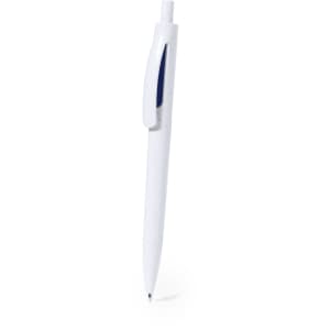 A white plastic pen with a blue clip and a smooth writing tip. It features a logo on the barrel.