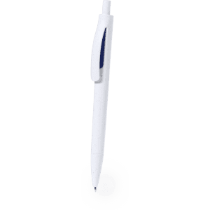A white plastic pen with a blue clip and a logo on the side.