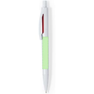 A plastic pen in white and green with a red accent and a clip for securing. It features a logo on the barrel.