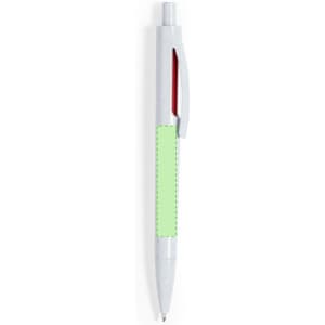 A plastic pen in grey with a vibrant green grip and a red accent, featuring a brand logo.