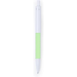 A plastic pen with a white barrel and a green grip section. It features a logo on the barrel.