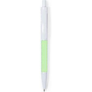 A plastic pen in white with a green section for customization. Features a clip and a ballpoint tip.