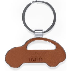 A brown leather keyring shaped like a car, featuring a silver metal ring and an attached logo.