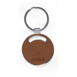 A brown leather keyring with a circular shape and a metallic keyring attachment.