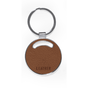 A round, brown leather keyring with a silver metal ring and a cut-out handle, featuring branding on one side.