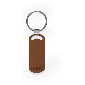 A brown leather keyring with a silver metal ring, featuring a branding logo on the surface.
