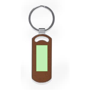 A brown keyring with a textured finish and a green label area. It features a metallic ring for attachment.