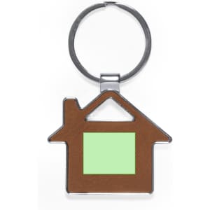 A brown house-shaped keyring with a metal ring and a green section for personalisation.