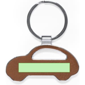 A brown car-shaped keyring with a silver metal ring and a space for personalisation.