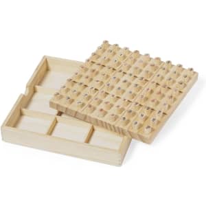 A wooden Sudoku skill game featuring a grid of numbered pegs, with a compartment for storage.