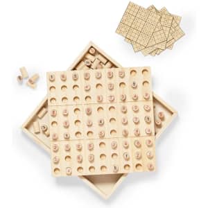 A wooden Sudoku skill game featuring numbered pieces and storage box, in natural wood tones with grid boards.