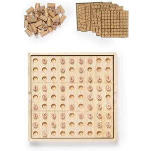A wooden Sudoku skill game set featuring numbered pegs, game boards, and a storage tray, mostly in natural tones.