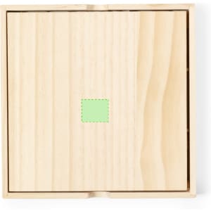 A wooden box with a smooth, natural finish, featuring a square green insert in the centre.