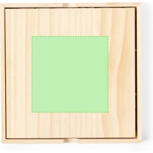 A square wooden box with a light green interior, featuring a simple design and a natural wood finish.