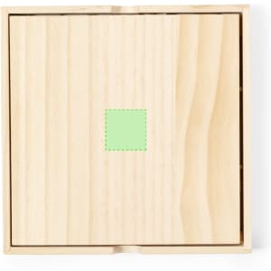 A wooden box with a light green square in the centre, featuring a simple, natural wood finish.