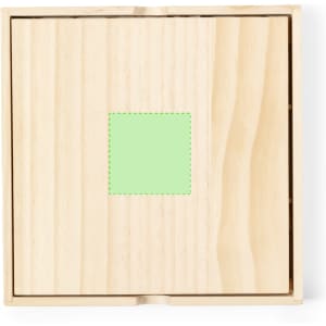 A wooden box with a smooth, natural finish and a green square outline in the centre.