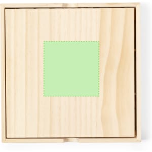 A wooden box with a light green square design on the top. The box is closed, showcasing a natural wood finish.