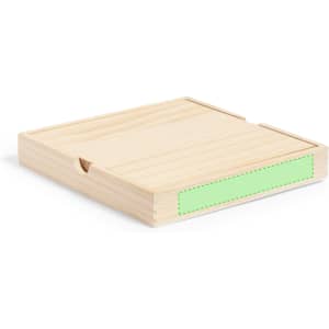A wooden tray in a light natural finish, featuring a slot and a green area for branding or labels.