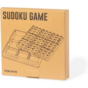 A brown cardboard box containing a Sudoku game with a grid layout and compartments inside.