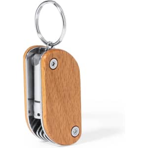 A wooden and silver multitool keyring featuring various tools, attached to a metal keyring.