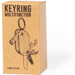 A boxed multitool keyring with a wooden design, featuring various handy tools and a keyring attachment.