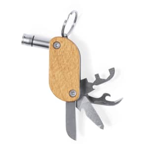 A multitool keyring with a wooden body, silver metal components, including a knife, screwdriver, and bottle opener.