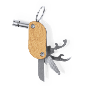 A wooden and metal multitool keyring featuring various tools, including a bottle opener and small blade.