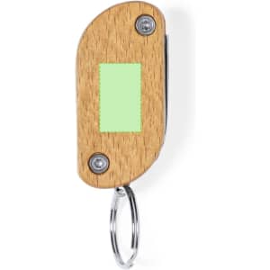 A multitool keyring featuring a wooden body with a metal blade and a silver keyring attachment.
