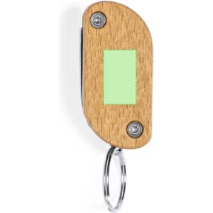 A wooden multitool keyring with a metallic blade and a silver keyring attachment. Contains a blank space for branding.