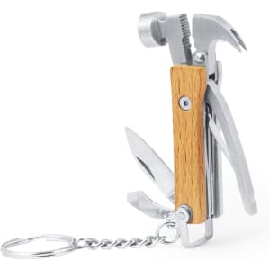 A multitool keyring with a wooden handle and multiple chrome tools, including a hammer and pliers.