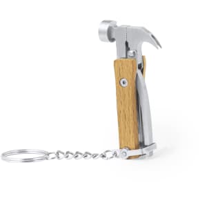 A multitool keyring featuring a silver hammer head with a wooden handle and a silver chain attachment.