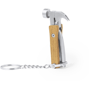 A multitool keyring featuring a silver hammer head and wooden handle, with a metal keychain attached.