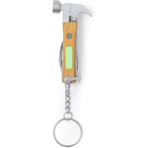 A multitool keyring featuring a silver metal body with wooden accents and a hammer head, attached to a chain.