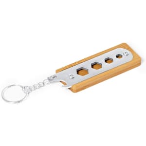 A bamboo multitool keyring with a stainless steel body featuring multiple hexagonal cut-outs and a chain attachment.