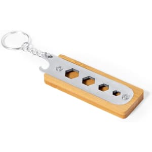 A multitool keyring in silver and bamboo, featuring multiple hexagonal cutouts and a bottle opener design.