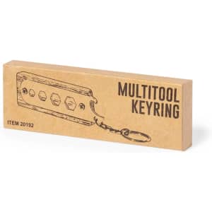 A multitool keyring in a brown cardboard box, featuring illustrations of its tool functions. It includes a keychain.