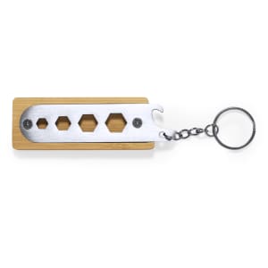 A stainless steel multitool keyring with a bamboo handle, featuring multiple hexagonal shapes and a keychain attachment.