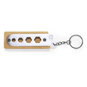A multitool keyring with a wooden base and metallic tool, featuring various hexagonal shapes and a keyring attachment.